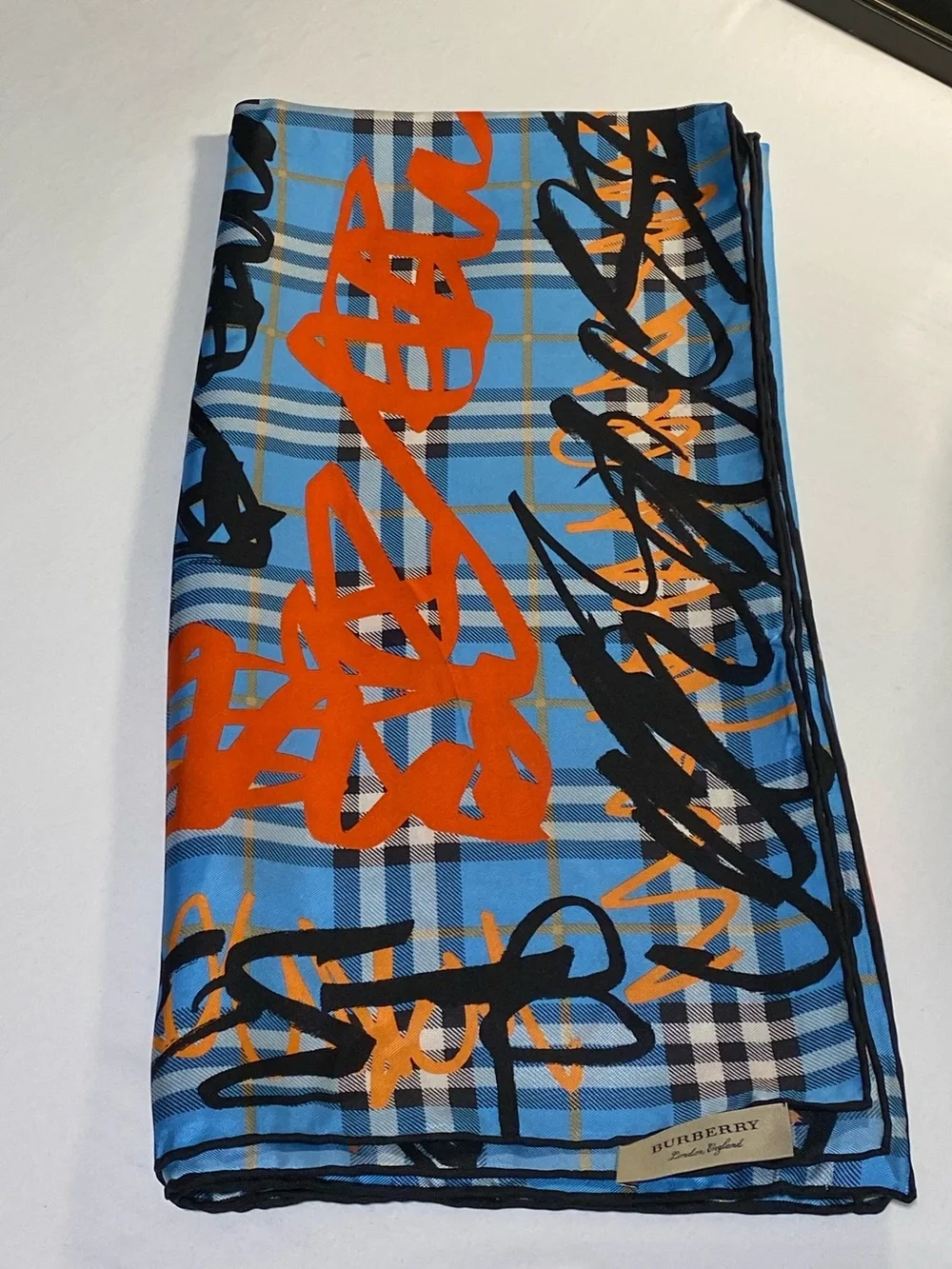 Burberry Blue and Orange Plaid Silk Scarf with Black Accents